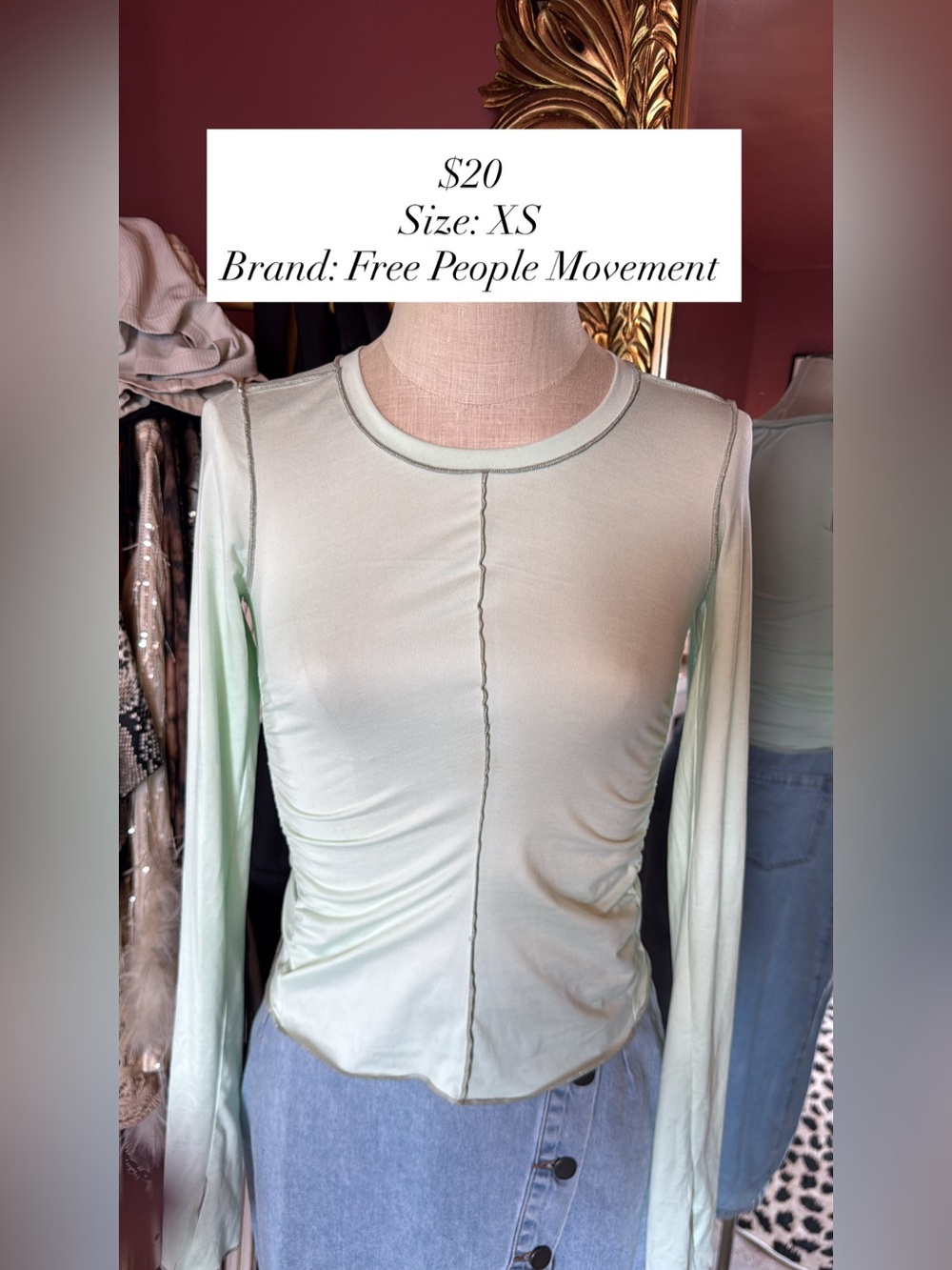 Free People Pale Mint Long Sleeve Slim Seam Top